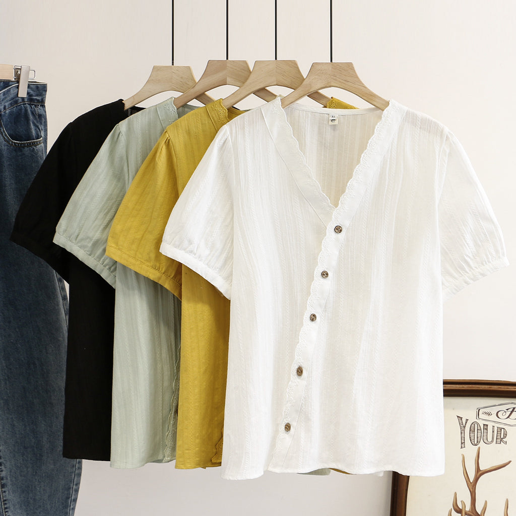 Khali Plus Size Cotton Lace V Neck Short Sleeve Blouse
