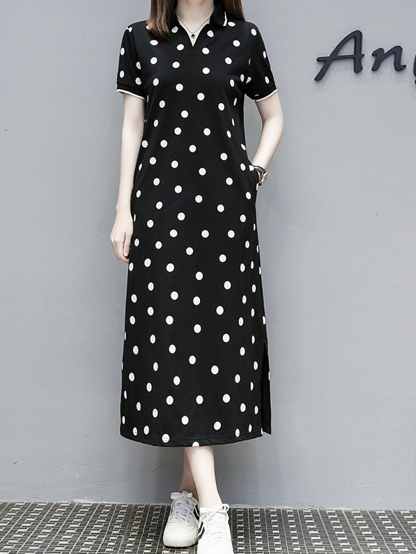 (Ready Stock Black 3XL *1) Vasanti Plus Plus Size Polka Dots Side Slit Short Sleeve Midi Polo T Shirt Dress (Black, Beige)