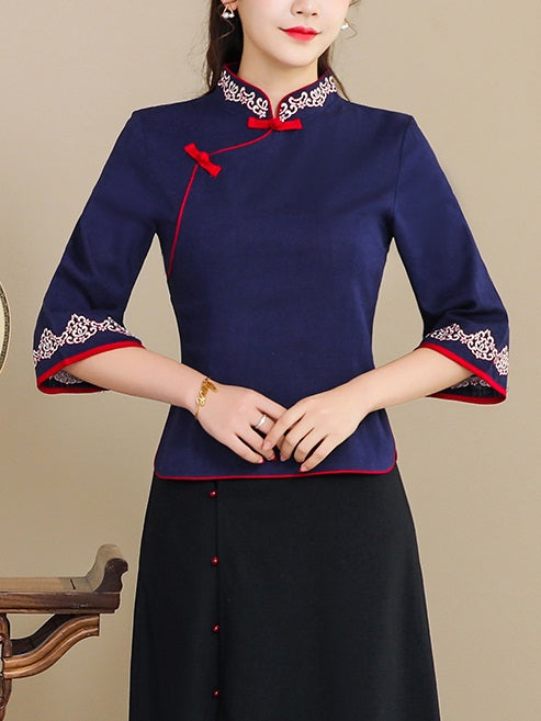 Tirtza Plus Size Cheongsam Qipao Top - Ethnic Embroidery Mid Sleeve Blouse (Red, Blue) (Suitable For Chinese New Year)