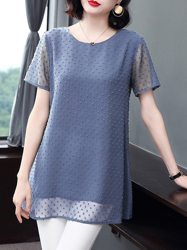 Kait Plus Size Pindot Chiffon Long Short Sleeve Blouse