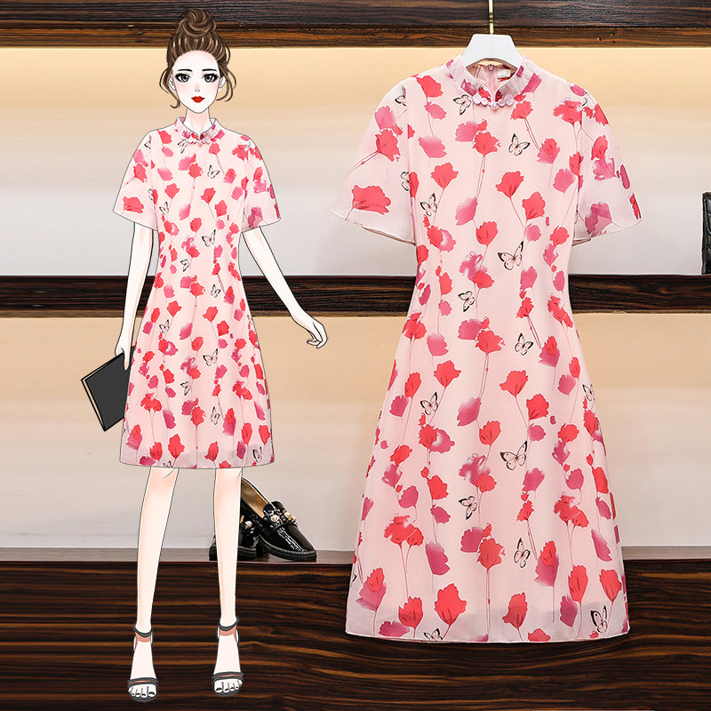 Latanya Plus Size Pink Floral Butterfly Cheongsam Dress
