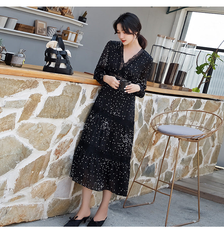 Klarys Plus Size Polka Dots Long Sleeve Midi Dress