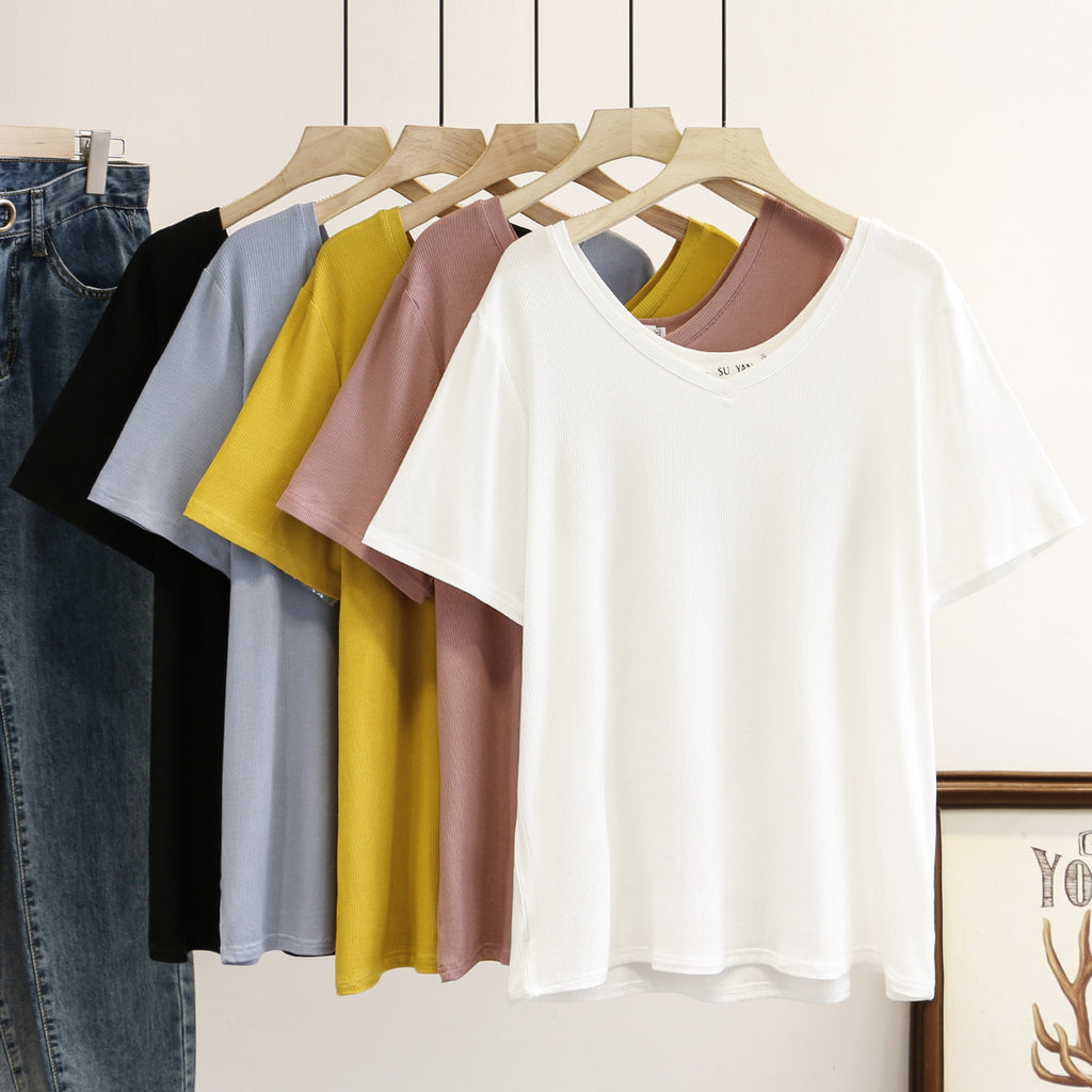 Khalida Plus Size Cotton V Neck Short Sleeve T Shirt Top