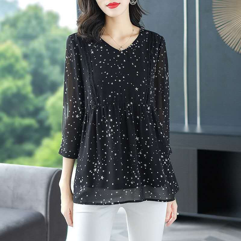 Delphina Plus Size Lace And Stars Chiffon Mid Sleeve Blouse