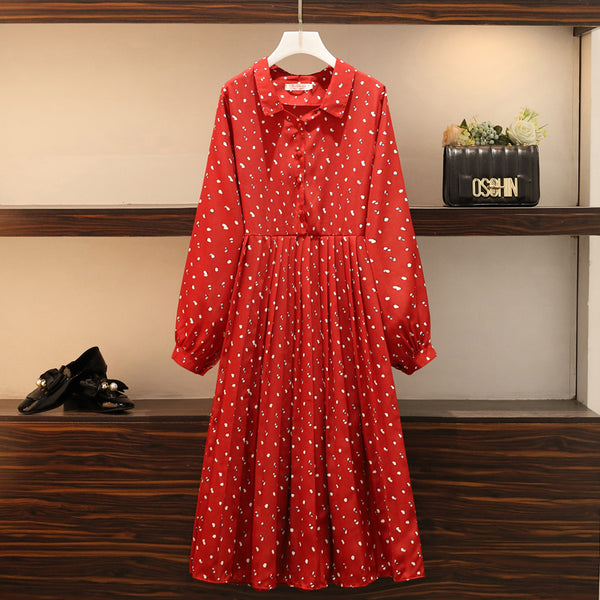 Plus Size Pleated Red Dots Red Long Sleeve Midi Shirt Dress