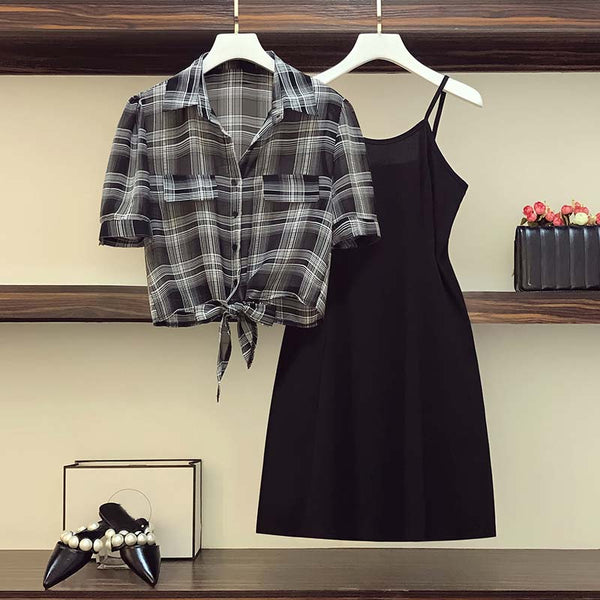 Jean Plus Size Camisole Dress And Checked Shirt Blouse Set