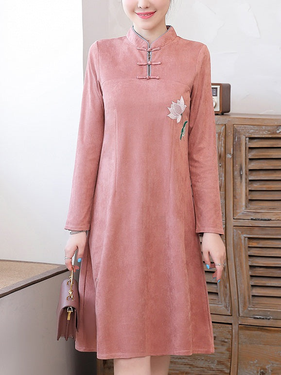 Terra Plus Size Cheongsam Qipao Pink Suede Floral Embroidery Long Sleeve Dress
