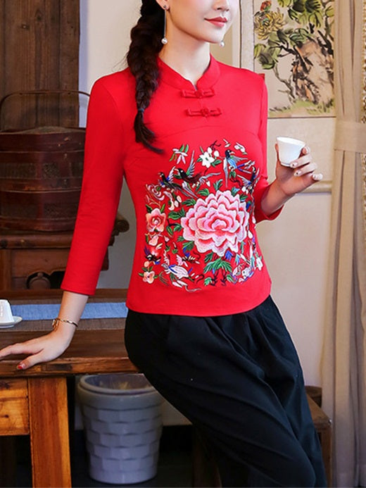 Tirzah Plus Size Cheongsam Qipao Chinese Floral Embroidery Mandarin Collar Mid Sleeve Top (Black, Red, Green) (Suitable For Chinese New Year)