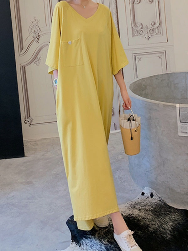 Vashti Plus Size V Neck Pocket Button Short Sleeve T Shirt Maxi Dress (Yellow, Black)