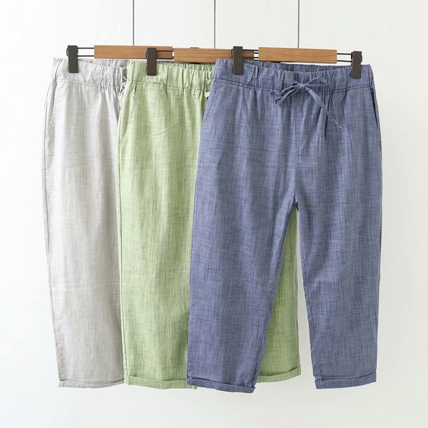 Zarie Plus Size Stretch Band Cotton Linen Capri Pants (Green, Grey, Blue)