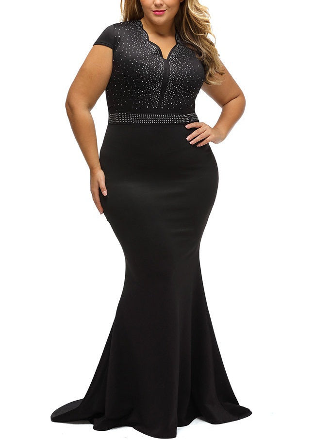 Souzanna Plus Size Dinner Occasion Prom Formal Wedding Red Carpet Evening Dress Gown Glamorous Embellished Scallop Bodycon Fishtail Mermaid With Sleeves Short Sleeve Maxi Dress (EXTRA BIG SIZE)