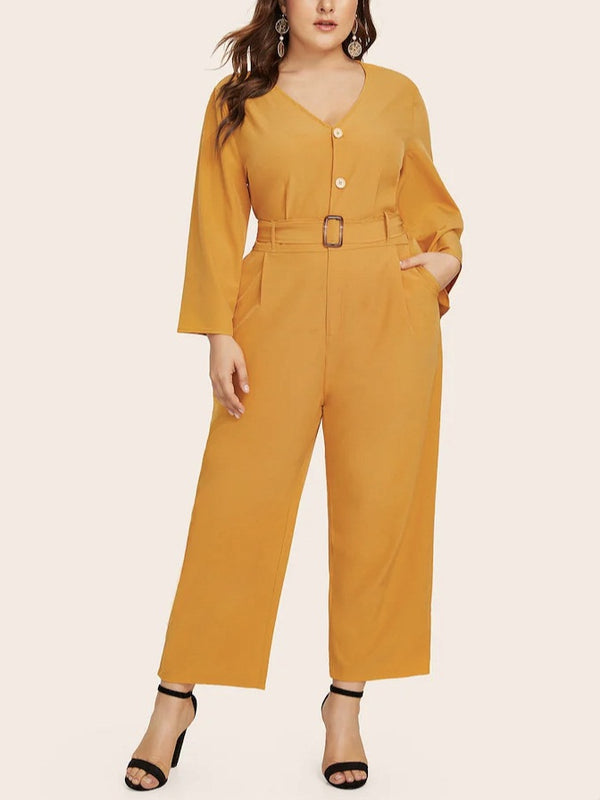 Tavora Plus Size Yellow V Neck Buttons Belted Pockets Romper Jumpsuit (EXTRA BIG SIZE)
