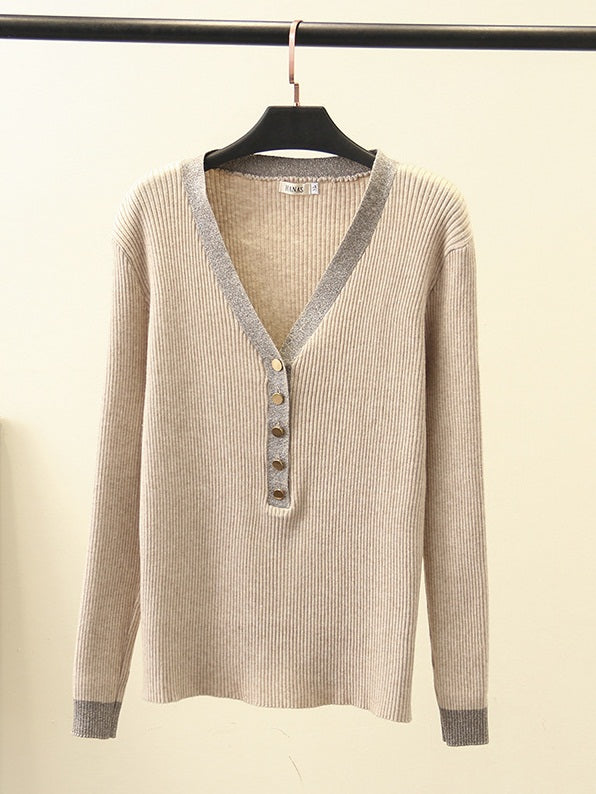 Steph Plus Size Women's Winter Sweater Long Sleeve Top Knit Buttons Ribbed V Neck (Black, Khaki, Blue)