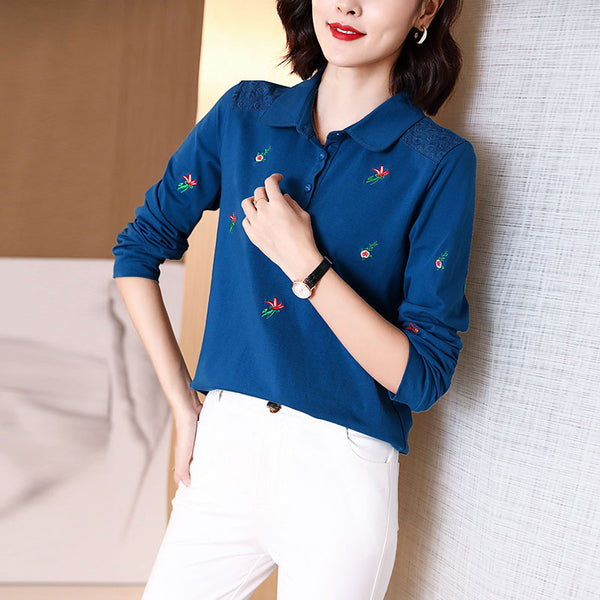 Kherington Plus Size Cotton Floral Embroidery Lace Long Sleeve Polo T Shirt Top
