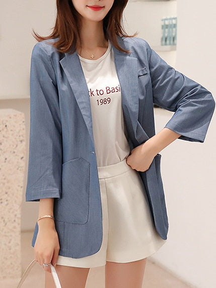 Suri Plus Size Casual Pocket Mid Sleeve Blazer Jacket (Blue, Cream)