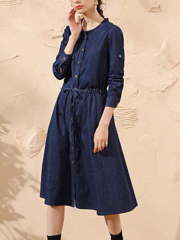 Sukie Plus Size Denim Frills High Neck Button Down Long Sleeve Midi Dress