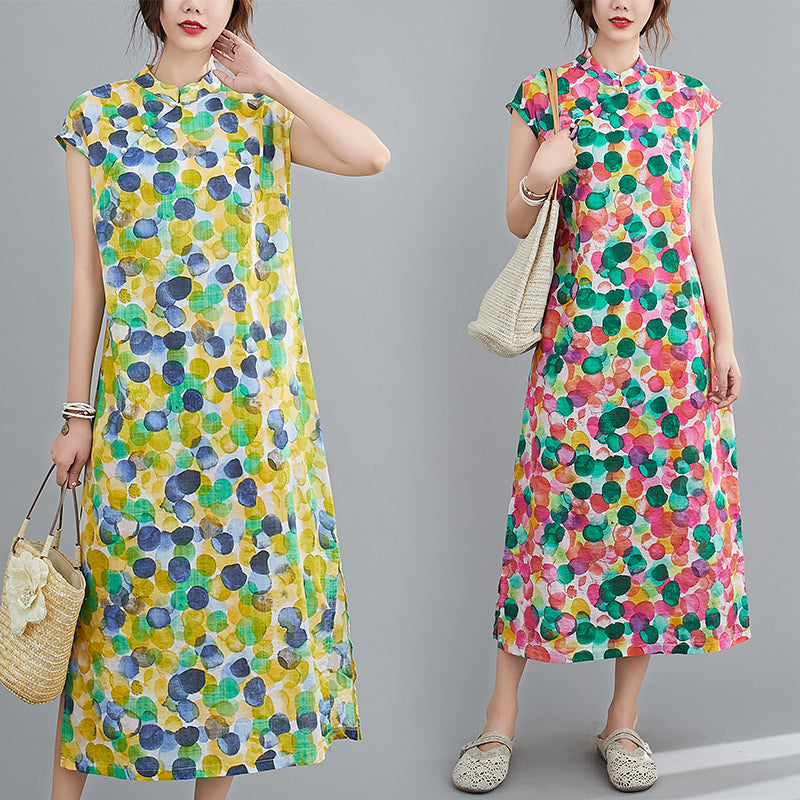 Leatha Plus Size Polka Dots Cheongsam Midi Dress