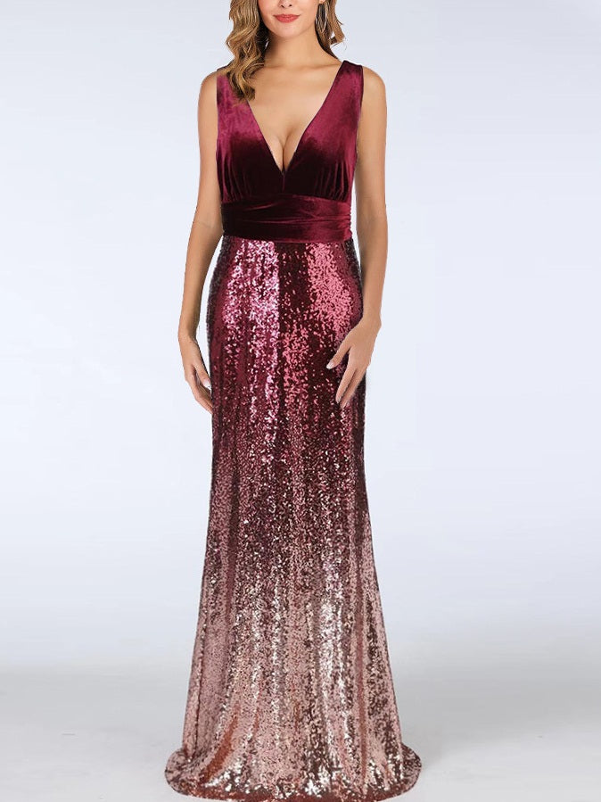 Sexy Gradient Sequined V Neck Evening Dresses Sexy Gradient Sequined V Neck Evening Dresses