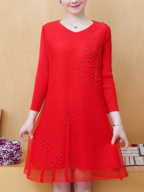 Yunoka Plus Size Bright Colour Pearls Loose Shift 3/4 Mid Sleeve Dress (Red, Blue)