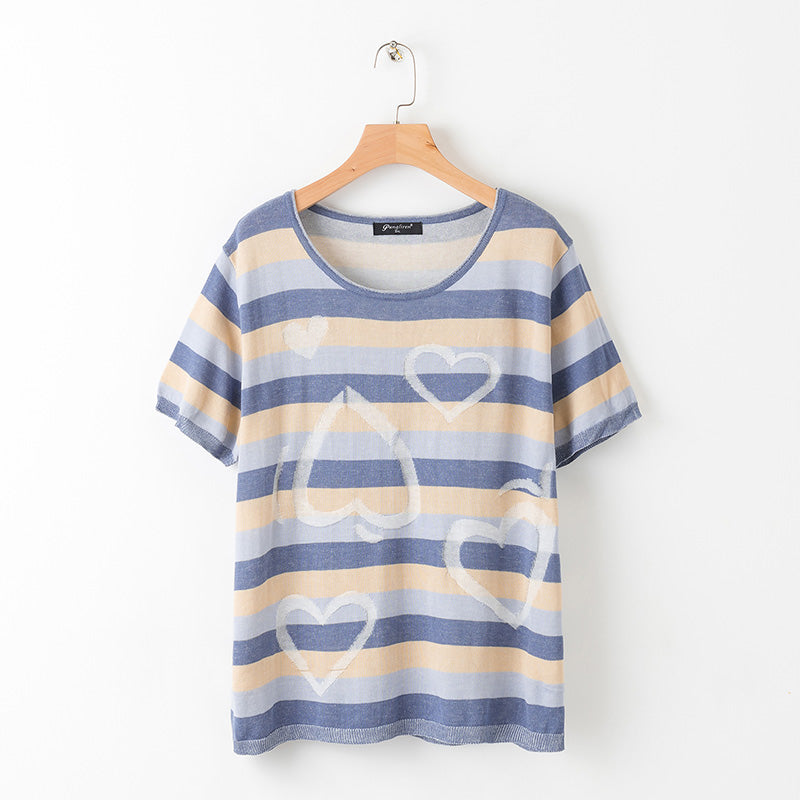 Kassi Plus Size Hearts Stripes Knit Short Sleeve Top