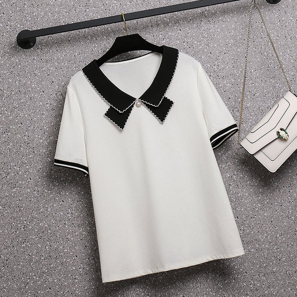 Plus Size White Pearl Ribbon Short Sleeve Blouse