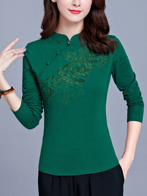 Tiia Plus Size Cheongsam Qipao Blouse - Floral Embroidery Long Sleeve Top (Green, Red) (Suitable For Chinese New Year)