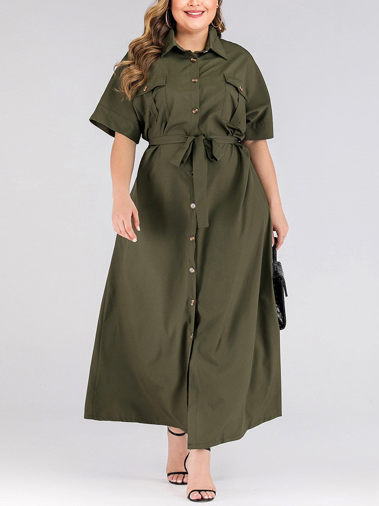 Tarja Plus Size Green Utility Long Length Short Sleeve Maxi Shirt Dress (Suitable For Chinese New Year) (EXTRA BIG SIZE)