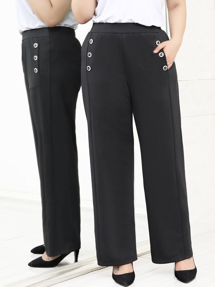 Sybilla Plus Size Work Formal Pants Buttons With Pockets Wide Leg Pants (EXTRA BIG SIZE)