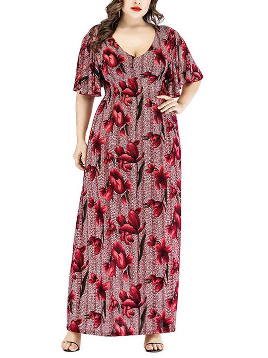 Weatherly Plus Size Printed V Neck Short Sleeve Maxi Dress (Brown, Red) (EXTRA BIG SIZE)