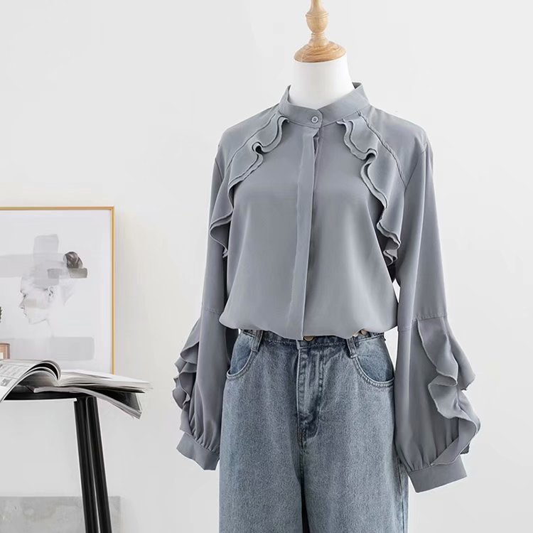 Valery Plus Size Mandarin Collar Frills Long Sleeve Shirt Blouse (Grey, White)