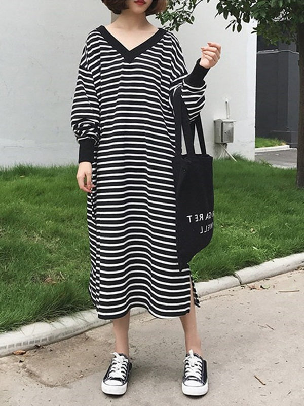 Viorica Plus Size Stripes V Neck Sweater Pullover Casual Long Sleeve Midi Dress