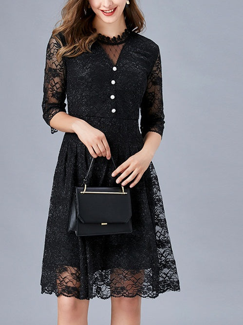 Vavy Plus Size Occasion Party Keyhole Buttons Black Lace Swing Mid Sleeve Dress