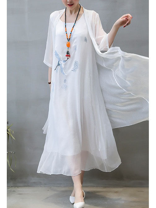 Tressie Plus Size Chinese Crane Embroidery Cotton Linen Long Cardigan Jacket And Sleeveless Maxi Dress Set (Suitable For Chinese New Year) (Blue, White, Red, Yellow, Purple)