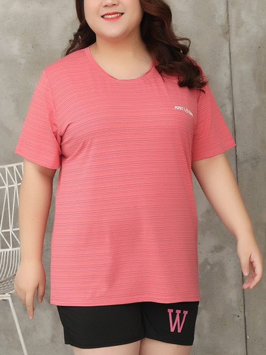 Vlasta Plus Size Exercise Sports Work Out Stripes Logo Short Sleeve T Shirt Top (Bright Pink, Dark Pink) (EXTRA BIG SIZE)