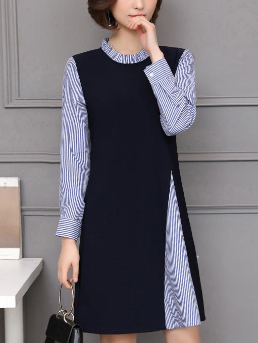 Xhuliana Plus Size Work Blue Stripes High Neck Layer Long Sleeve Dress