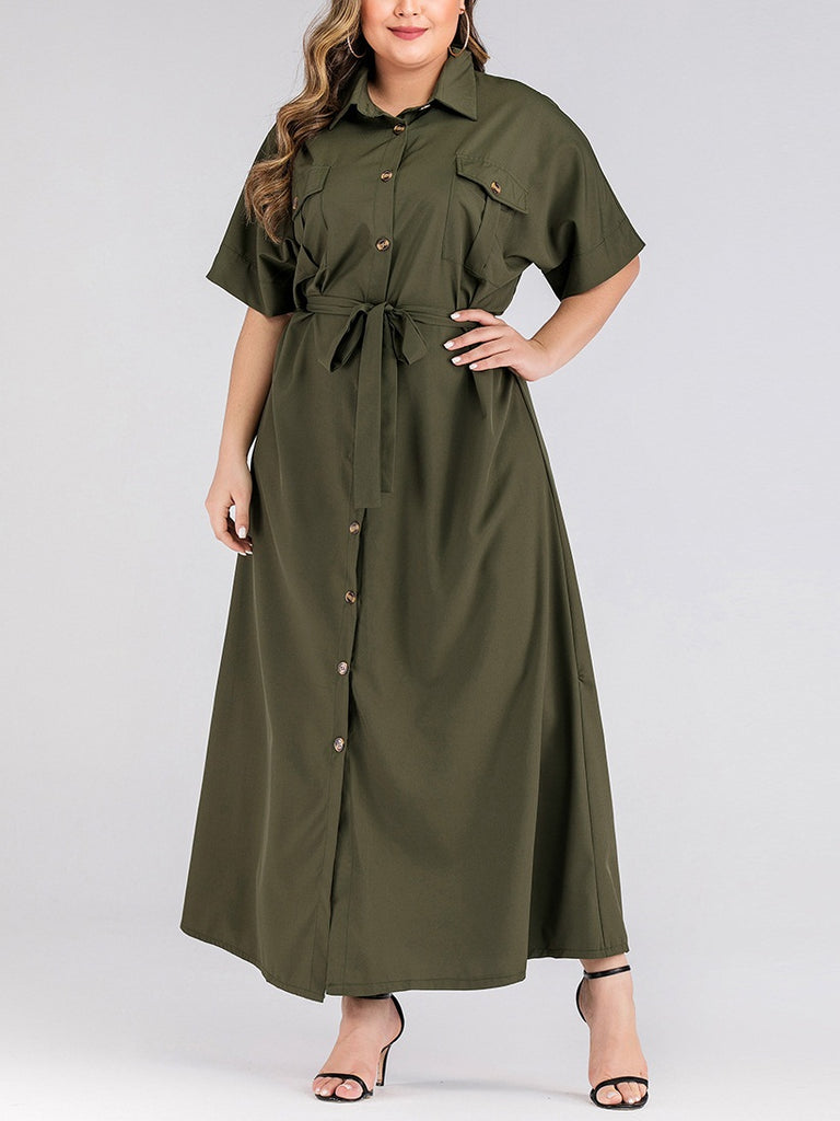 Tarja Plus Size Green Utility Long Length Short Sleeve Maxi Shirt