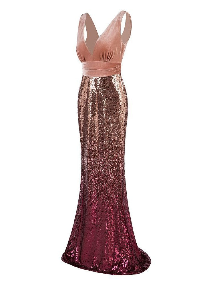 Sexy Gradient Sequined V Neck Evening Dresses Sexy Gradient Sequined V Neck Evening Dresses