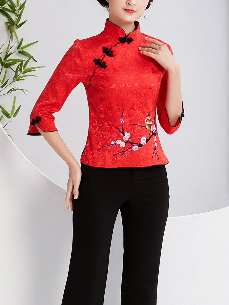 Talaya Plus Size Cheongsam Qipao Top Floral Embroidery With Sleeves Mid Sleeve Top (White, Red, Beige, Pink, Blue, Light blue)