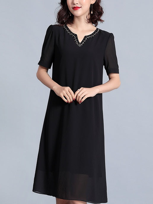 Robbyn  ems V Neck Black Chiffon S/S Dress