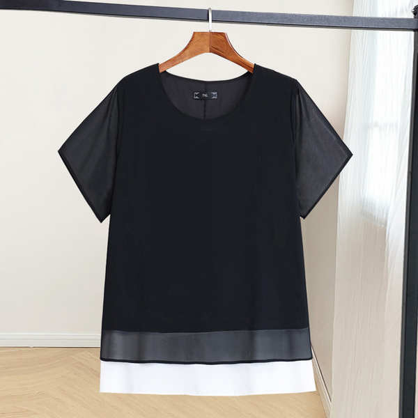 (4XL-10XL) Plus Size Black Layer Short Sleeve Chiffon Top (EXTRA BIG SIZE)