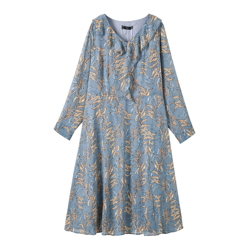 (4XL-10XL) Plus Size Blue Print V Neck Long Sleeve Dress (EXTRA BIG SIZE)