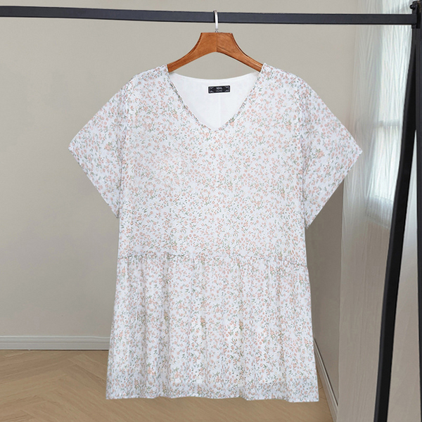 (4XL-10XL) Plus Size Ditsy Floral V Neck Short Sleeve Top (EXTRA BIG SIZE)