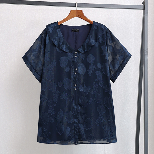 (4XL-10XL) Plus Size Navy Peterpan Collar Short Sleeve Blouse (EXTRA BIG SIZE)