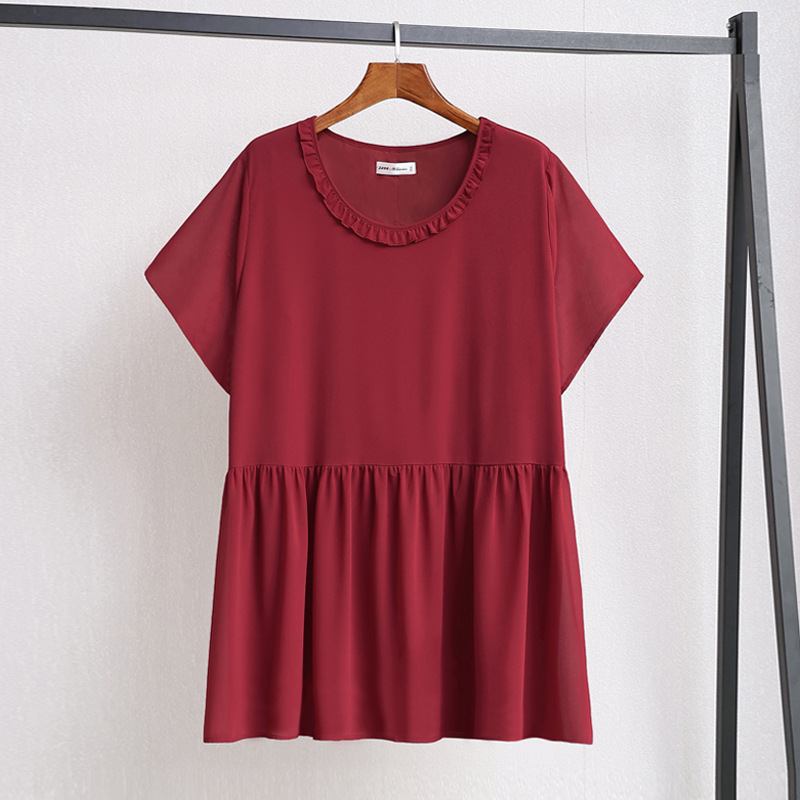 (4XL-10XL) Plus Size Red Round Neck Chiffon Short Sleeve Blouse (EXTRA BIG SIZE)