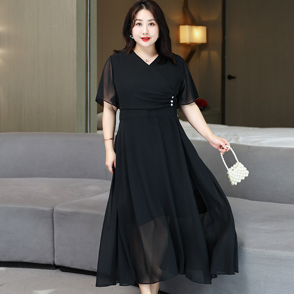 (4XL-8XL) Plus Size Black Chiffon Wrap Midi Dress (Extra Big Size)