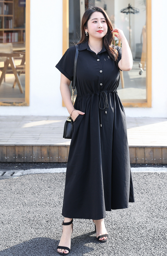 4XL-8XL) Plus Size Black Midi Short Sleeve Shirt Dress (Extra Big Siz Pluspreorder 4XL-8XL) Plus Size Black Midi Short Sleeve Shirt Dress (Extra Big Siz Pluspreorder