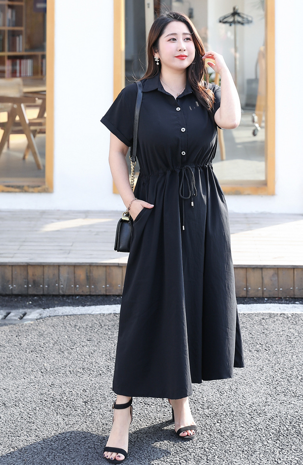 (4XL-8XL) Plus Size Black Midi Short Sleeve Shirt Dress (Extra Big Size)