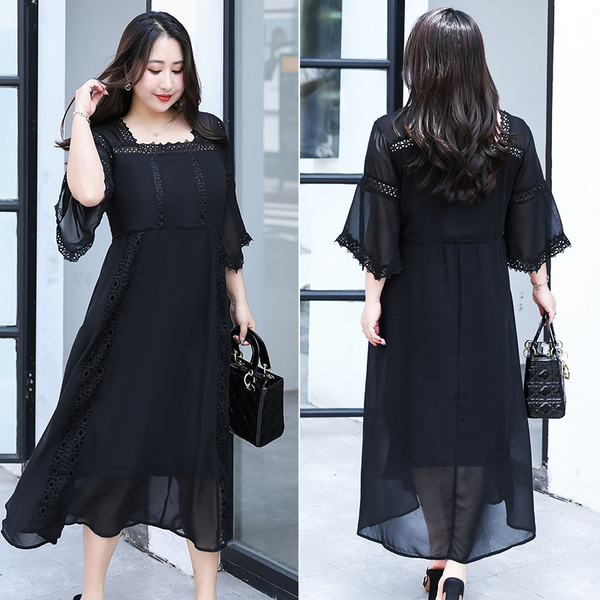 (4XL-8XL) Plus Size Black Square Neck Chiffon Lattice Lace Midi Dress (Extra Big Size)