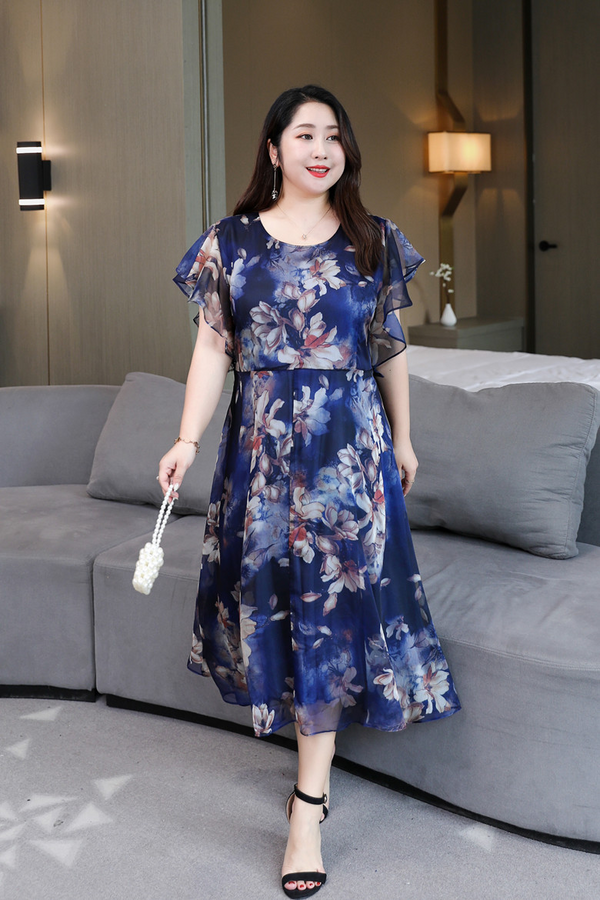 (4XL-8XL) Plus Size Blue Floral Chiffon Midi Dress (Extra Big Size)