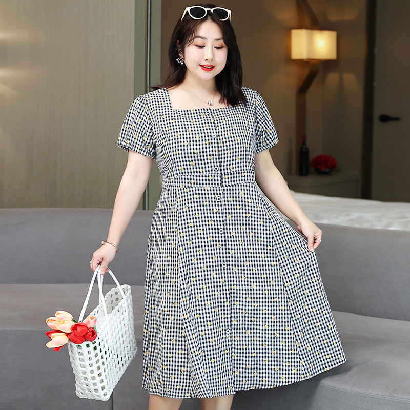 (4XL-8XL) Plus Size Gingham Yellow Flowers Gingham Dress (Extra Big Si